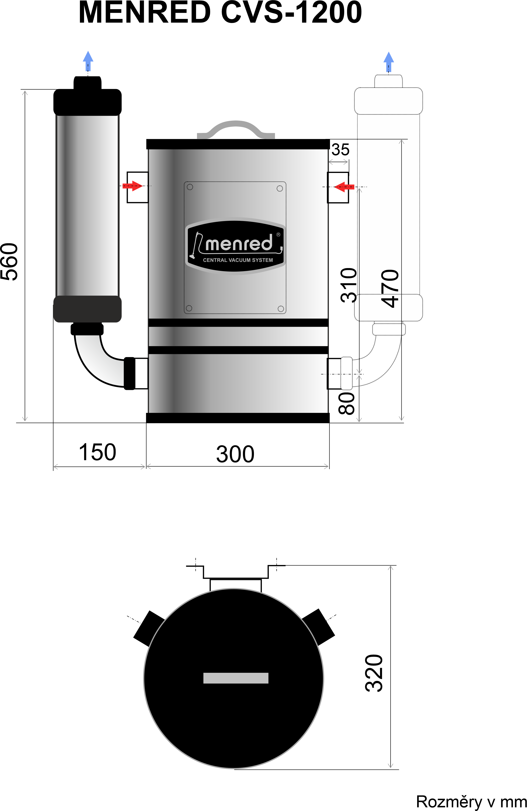 Centrálny vysávač MENRED CVS 1200 + Sada príslušenstva pre centrálne vysávanie ELITE s hadicou 9,1 m (12 ks).
