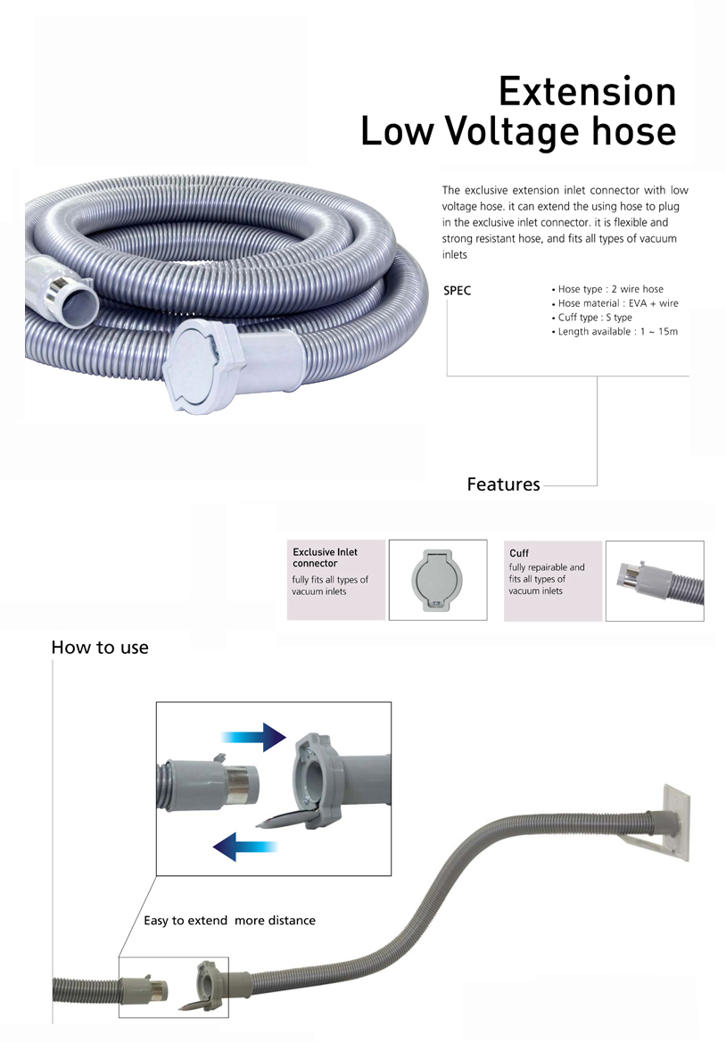 Predlžovacia sacia hadica 4,6m. Hadica umožňuje nízkonapäťové ovládanie (ON/OFF) (strieborná).