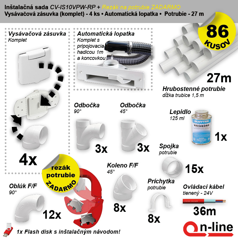 Inštalačný komplet centrálneho vysávania - zásuvka (4 ks), podlahová štrbina (1 ks), rezák potrubia (1 ks), potrubie (27 m), potrubné diely (86 dielov).