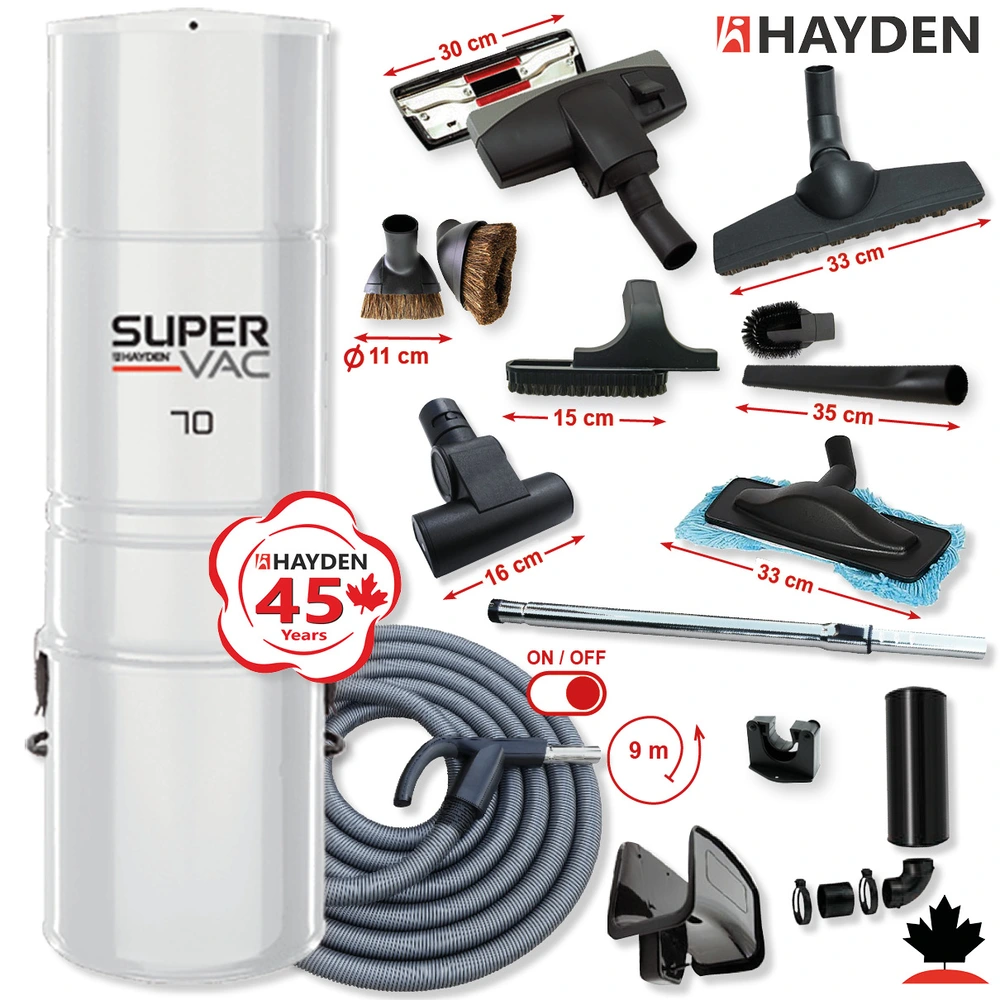 Centrálny vysávač HAYDEN 70 Super Vac (705 AW) + Sada príslušenstva ELITE so sacou hadicou 9,1 m ON/OFF (12 ks).