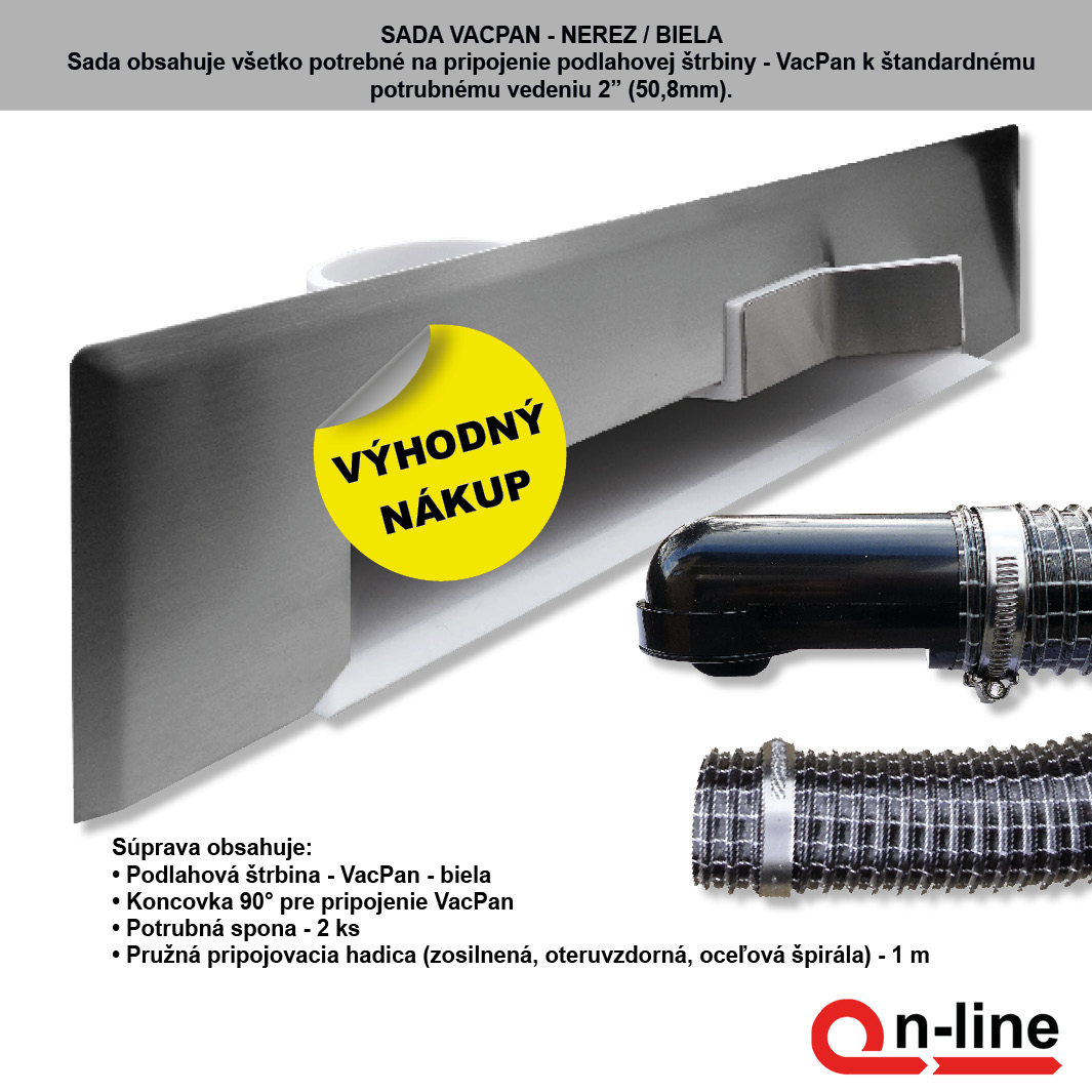 Podlahová štrbina VacPan - Nerez / Biela - Inštalačný komplet s nerezovým celokrytom a flexi hadicou s koncovkami.