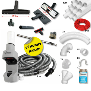 Vroom Retract Vac 9,1 m - Zasúvacia hadica do garáže - Inštalačný komplet s potrubnými dielmi, zaťahovacou hadicou a príslušenstvom na centrálne vysávanie (8 ks).
