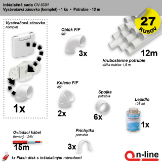 Inštalačný komplet rozvodov centrálneho vysávania - zásuvka (1 ks), potrubie (12 m), potrubné diely (27 dielov).