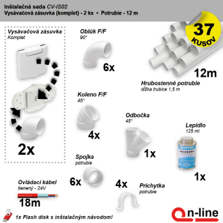 Inštalačný komplet centrálneho vysávania - zásuvka (2 ks), potrubie (12 m), potrubné diely (37 dielov).