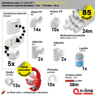 Inštalačný komplet centrálneho vysávania - zásuvka: (5 ks), rezák potrubia (1 ks), potrubie (24 m), potrubné diely (85 dielov).