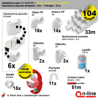 Inštalačný komplet centrálneho vysávania - zásuvka (6 ks), rezák potrubia (1 ks), potrubie (33 m), potrubné diely (104 dielov).