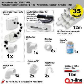 Inštalačný komplet rozvodov centrálneho vysávania - zásuvka (1 ks), podlahová štrbina (1 ks), potrubie (12 m), potrubné diely (35 dielov).