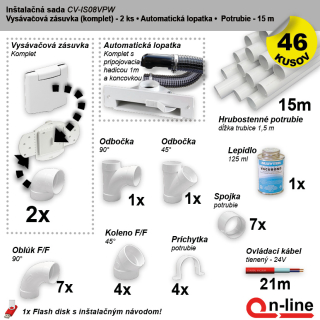 Inštalačný komplet centrálneho vysávania - zásuvka (2 ks), podlahová štrbina (1 ks), potrubie (15 m), potrubné diely (46 dielov).