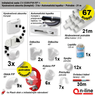 Inštalačný komplet centrálneho vysávania - zásuvka (3 ks), podlahová štrbina (1 ks), rezák potrubia (1 ks), potrubie (21 m), potrubné diely (67 dielov). 