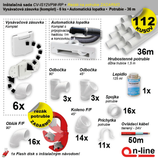 Inštalačný komplet centrálneho vysávania - zásuvka (6 ks), podlahová štrbina (1 ks), rezák potrubia (1 ks), potrubie (36 m), potrubné diely (112 dielov).