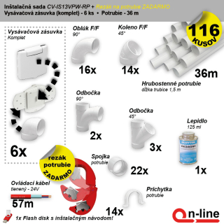 Inštalačný komplet centrálneho vysávania - zásuvka (6 ks), rezák potrubia (1 ks), potrubie (36 m), potrubné diely (116 dielov).