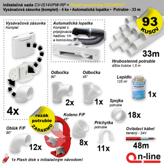 Inštalačný komplet centrálneho vysávania - zásuvka (4 ks), podlahová štrbina (1 ks), rezák potrubia (1 ks), potrubie (33 m), potrubné diely (93 dielov).