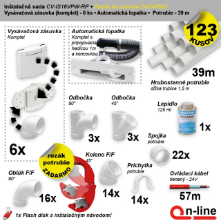 Inštalačný komplet centrálneho vysávania - zásuvka (6 ks), podlahová štrbina (1 ks), podlahová štrbina (1 ks), rezák potrubia (1 ks), potrubie (39 m), potrubné diely (123 dielov).