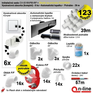 Inštalačný komplet centrálneho vysávania - ASKO zásuvka (6 ks), nerez. podlahová štrbina (1 ks), podlahová štrbina (1 ks), rezák potrubia (1 ks), potrubie (39 m), potrubné diely (123 dielov).
