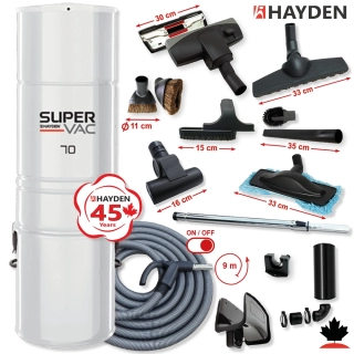 Centrálny vysávač HAYDEN 70 Super Vac (705 AW) + Sada príslušenstva ELITE so sacou hadicou 9,1 m ON/OFF (12 ks).