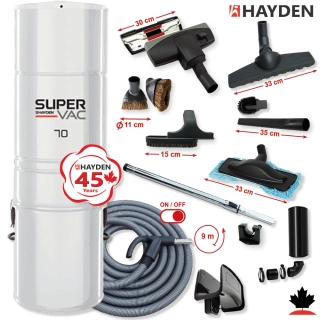 Centrálny vysávač HAYDEN 70 Super Vac (705 AW) + Sada príslušenstva PREMIUM so sacou hadicou 9,1 m ON/OFF (11 ks).