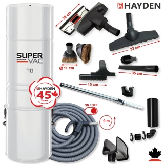 Centrálny vysávač HAYDEN 70 Super Vac (705 AW) + Sada príslušenstva STANDARD so sacou hadicou 9,1 m ON/OFF (10 ks).