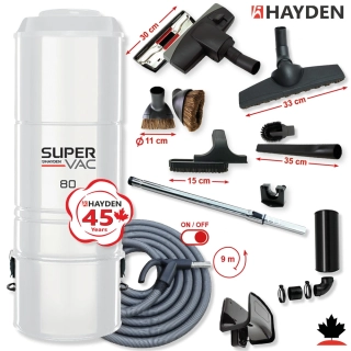 Centrálny vysávač HAYDEN 80 Super Vac (745 AW) s dvoma motormi + Sada príslušenstva STANDARD s hadicou 9,1 m (10 ks).