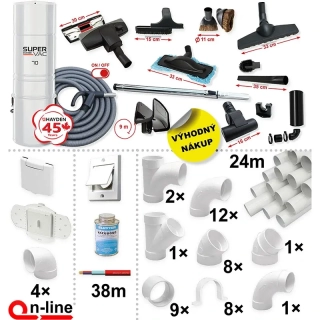 Centrálny vysávač HAYDEN 70 Super Vac + Sada príslušenstva ELITE so sacou hadicou 9,1 m ON/OFF (12 ks), Inštalačná sada potrubia: 24 m - 4x zásuvka.