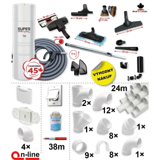 Centrálny vysávač HAYDEN 70 Super Vac + Sada príslušenstva PREMIUM so sacou hadicou 9,1 m ON/OFF (11 ks), Inštalačná sada potrubia: 24 m - 4x zásuvka.