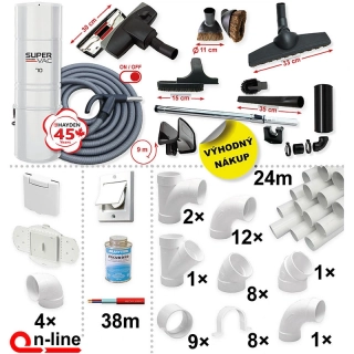 Centrálny vysávač HAYDEN 70 + Sada príslušenstva STANDARD so sacou hadicou 9,1 m ON/OFF (10 ks), Inštalačná sada potrubia: 24 m - 4x zásuvka.