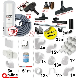 Centrálny vysávač HAYDEN 80 Super Vac + Sada príslušenstva STANDARD s hadicou 9,1 m (10 ks), Inštalačná sada potrubia: 33 m - 6x zásuvka.