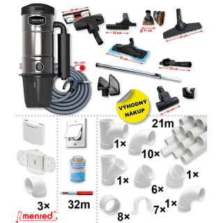 Centrálne vysávače MENRED CVS-1800BP PLUS (700 AW) + Sada príslušenstva ELITE so sacou hadicou 9,1 m ON/OFF (12 ks), Inštalačná sada potrubia: 21 m - 3x zásuvka.