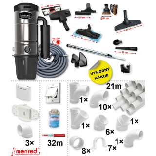 Centrálny vysávač MENRED CVS-1800BP PLUS (700 AW) + Sada príslušenstva PREMIUM so sacou hadicou 9,1 m ON/OFF (11 ks), Inštalačná sada potrubia: 21 m - 3x zásuvka.