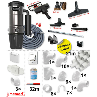 Centrálny vysávač MENRED CVS-1800BP PLUS (700 AW) + Sada príslušenstva STANDARD so sacou hadicou 9,1 m ON/OFF (11 ks), Inštalačná sada potrubia: 21 m - 3x zásuvka.