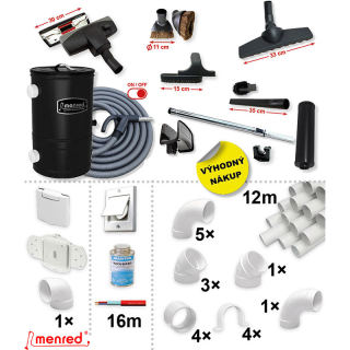Centrálny vysávač MENRED CVS 1200 + Sada príslušenstva pre centrálne vysávanie STANDARD s hadicou 9,1 m (10 ks), Inštalačná sada potrubia: 12 m - 1x zásuvka.