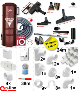 Centrálny vysávač Cyclovac H725 (710 AW) + Sada príslušenstva STANDARD s hadicou 9,1 m (10 ks), Inštalačná sada potrubia: 24 m - 4x zásuvka. Záruka 10 rokov.