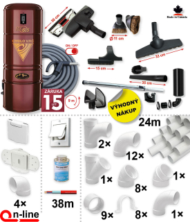 Centrálny vysávač Cyclovac HX615 (712 AW) + Sada príslušenstva STANDARD s hadicou 9,1 m (10 ks), Inštalačná sada potrubia: 24 m - 4x zásuvka. Záruka 15 rokov.