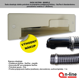 Podlahová štrbina VacPan - farba mandle - Inštalačný komplet s flexi hadicou s koncovkami. Nepriľnavý povrch.