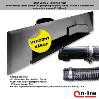 Podlahová štrbina VacPan - Nerez / Čierna - Inštalačný komplet s nerezovým celokrytom a flexi hadicou s koncovkami.